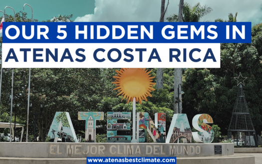 Picture of the atenas sign in the city center park. It has text that says out 5 hidden spots in atenas costa rica